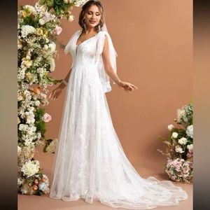 COPY - COPY - White bride simple boho vintage wedding dress long sleeve long tr…